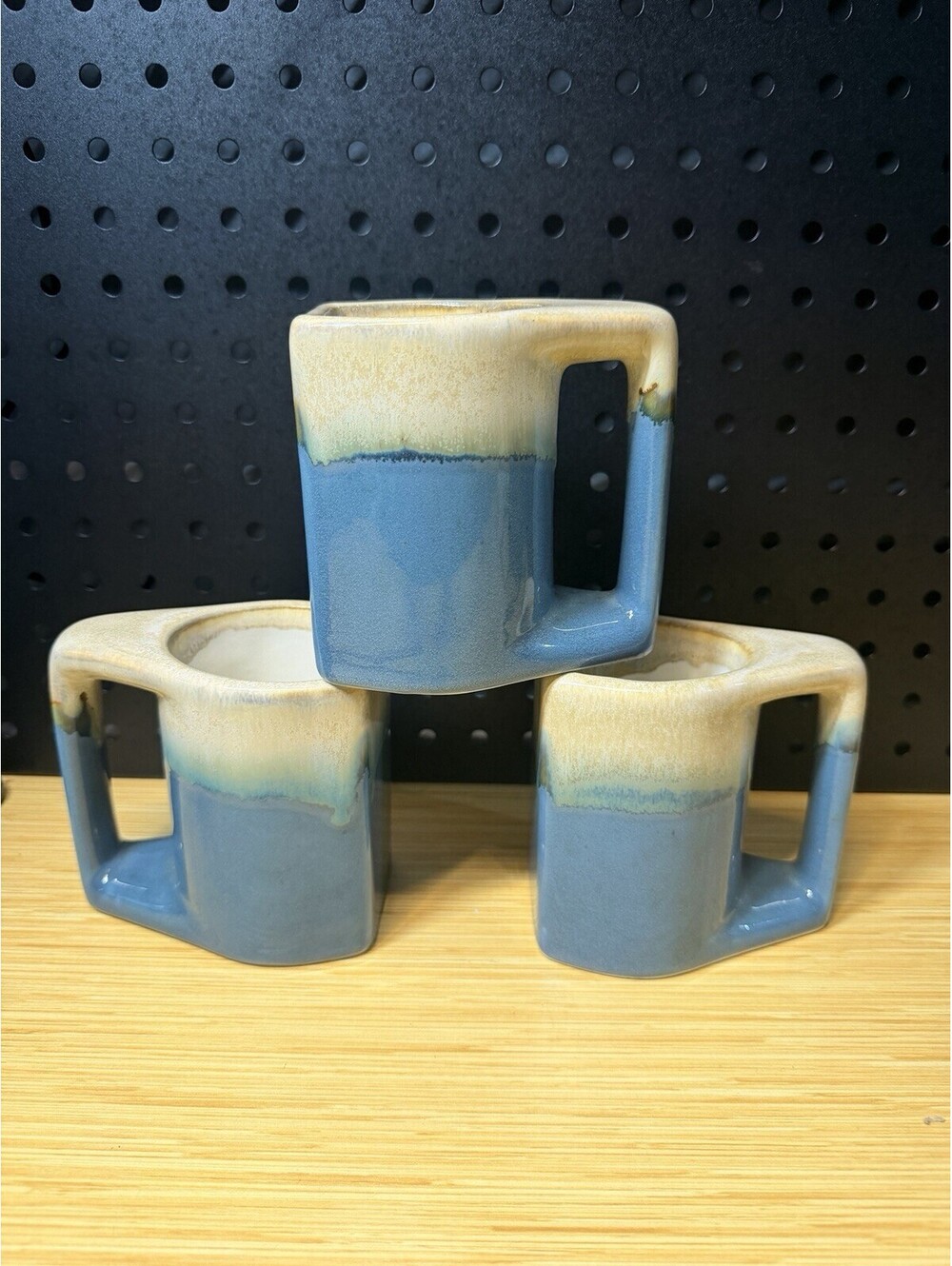 Rodolfo Padilla Blue Mugs Stoneware Drip Glaze Stackable MCM 3 Cups No Stand